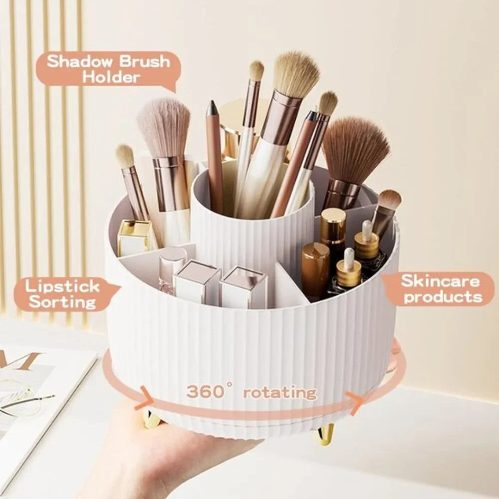 New 360° Rotating Makeup Brush Holder, White Organizer for Vanity & Bathroom